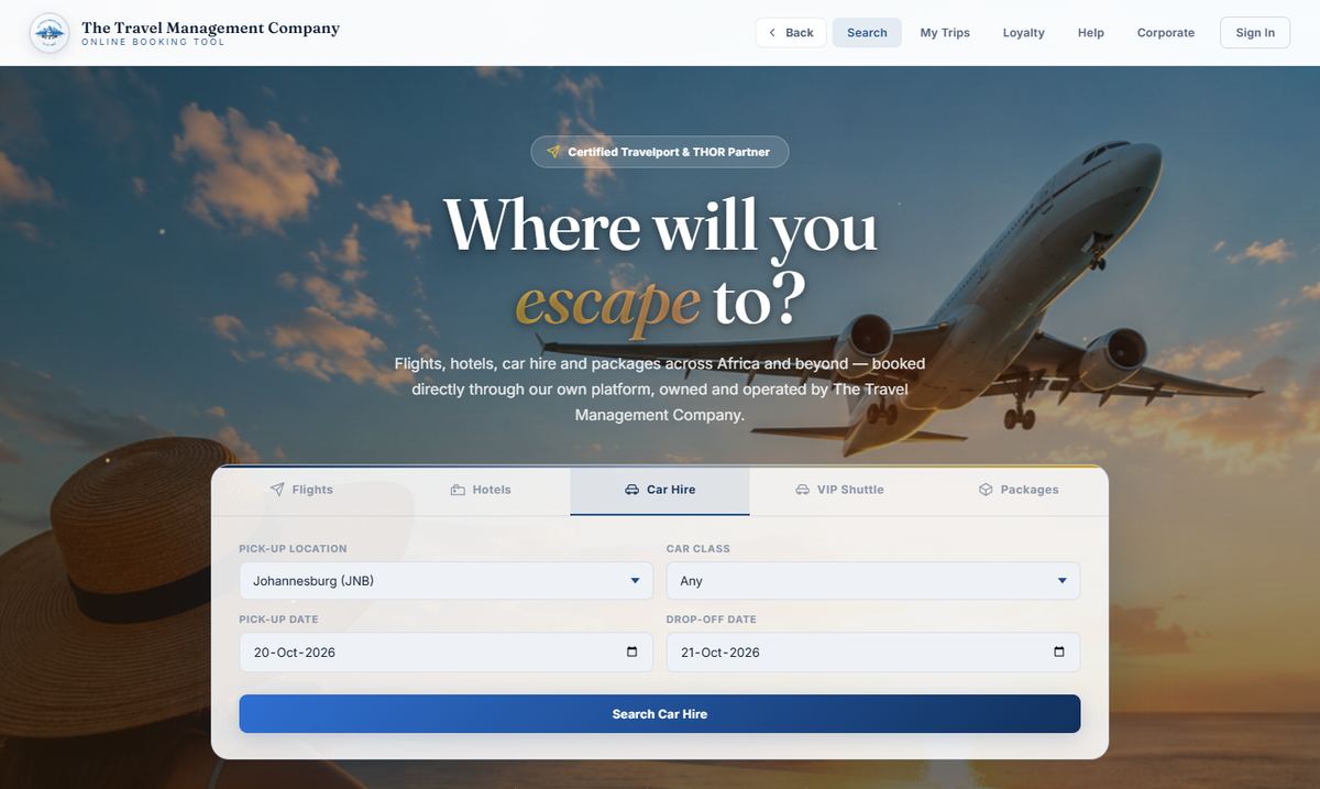 TTMC Online Booking Tool car hire search screen with Flights, Hotels, Car Hire, VIP Shuttle and Packages tabs