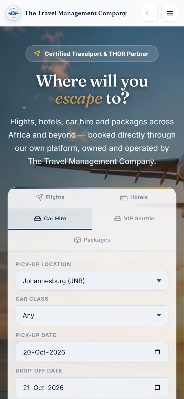 The car hire search on a phone
