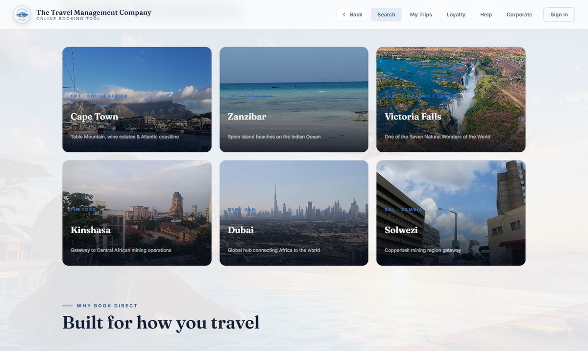TTMC traveller portal showing popular destination tiles
