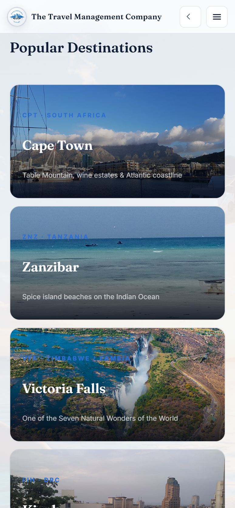 The traveller portal destinations on a phone