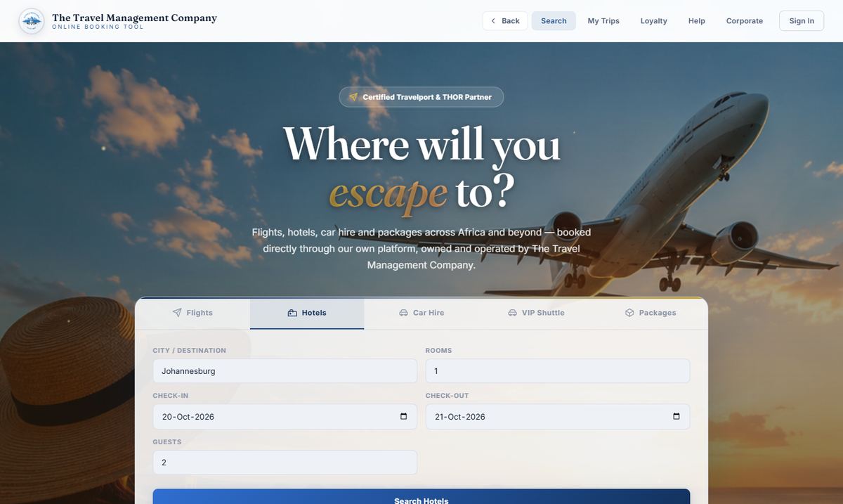 TTMC Online Booking Tool hotel search screen