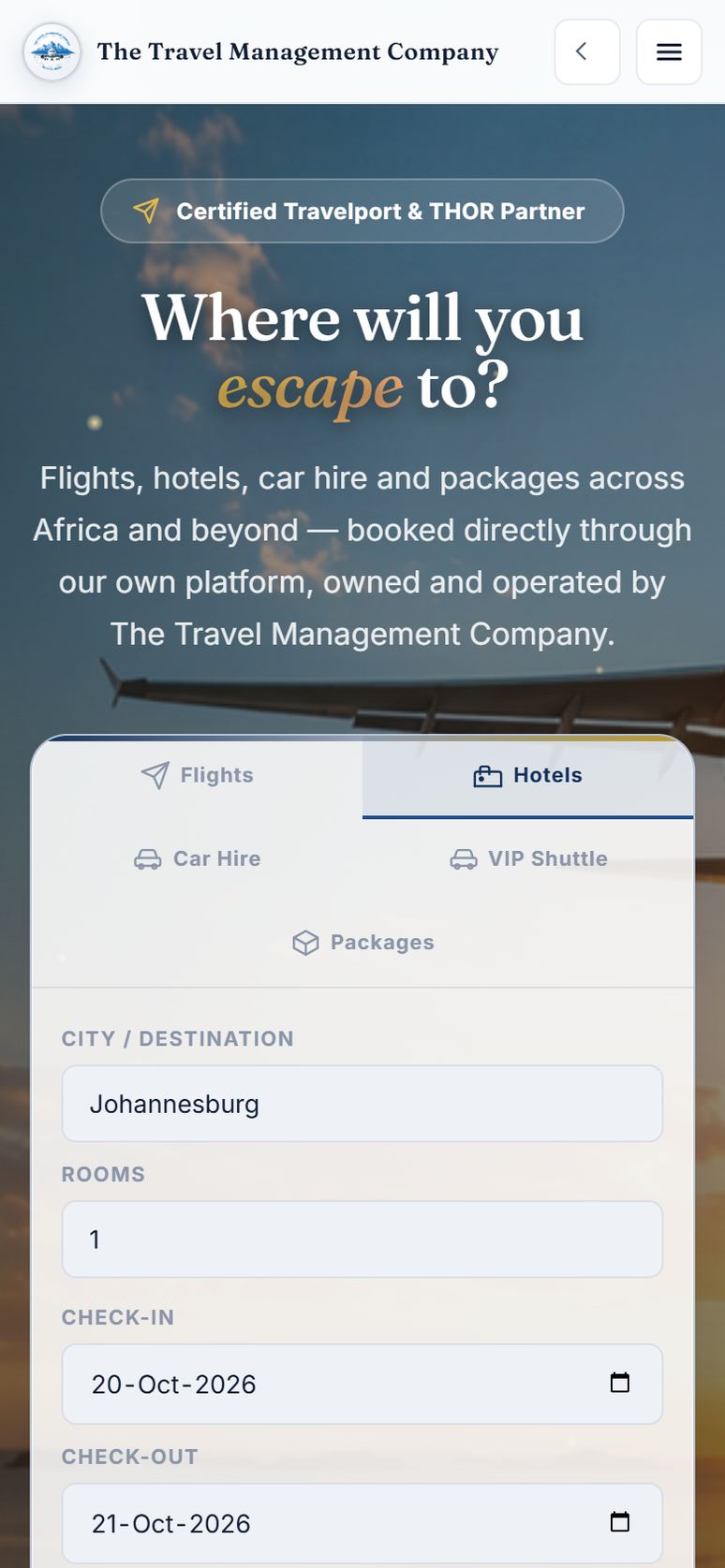 TTMC Online Booking Tool hotel search on a phone