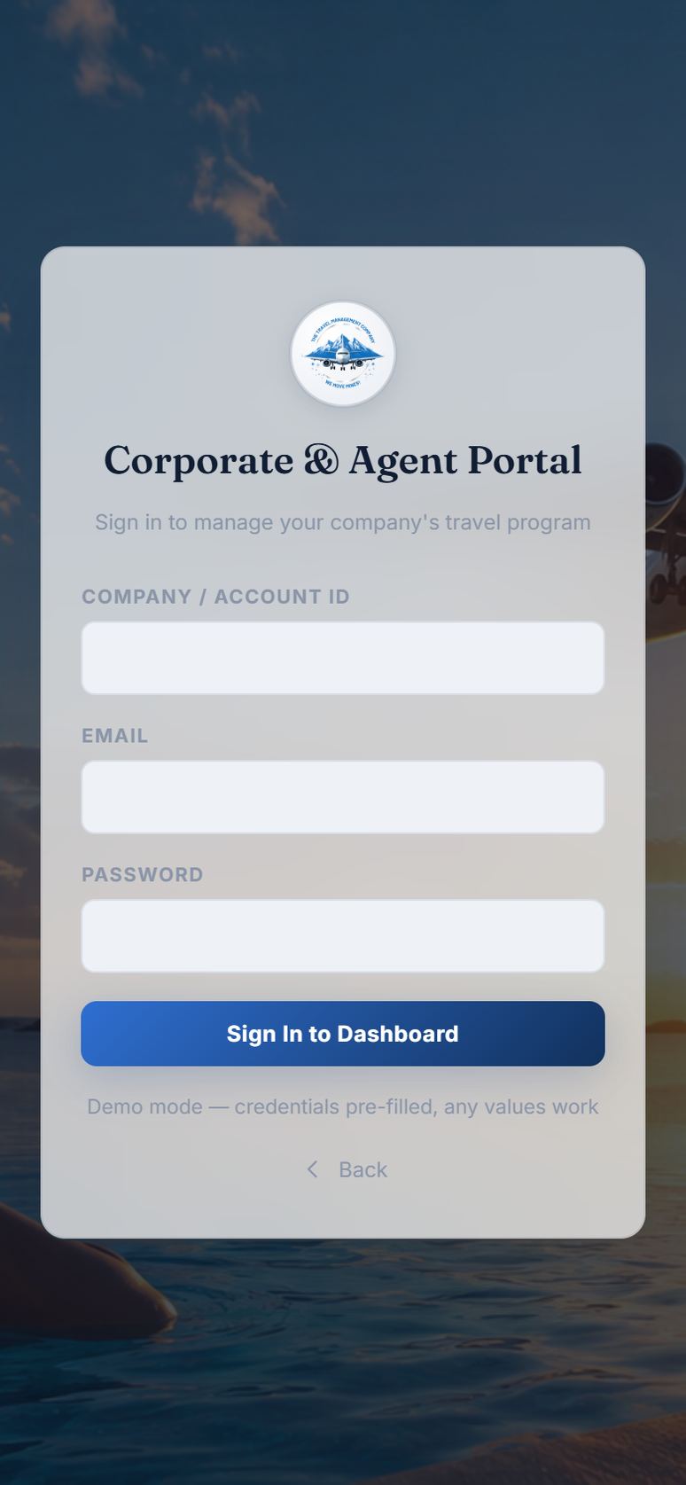 TTMC Corporate and Agent Portal sign-in on a phone